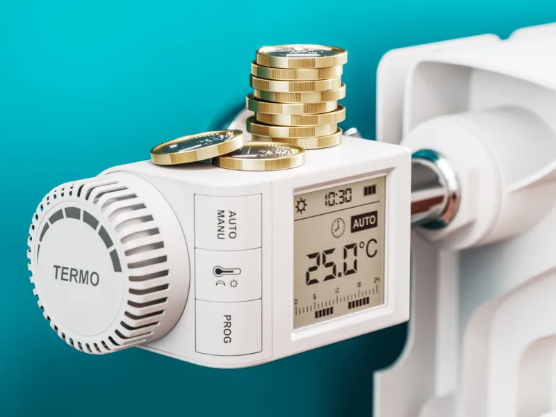 heating savings concept coins on radiator temperature regulator 3d
