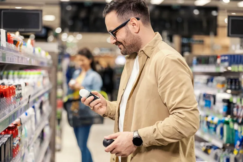 a happy man is standing next to a shelves in with deodorants in supermarket and choosing one