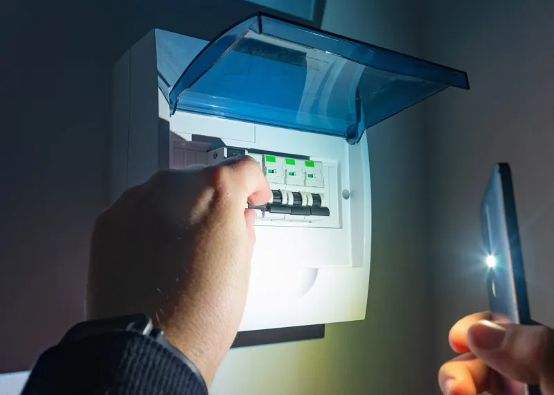 a man in complete darkness, is using a smartphones flashlight to investigate and switches on residual current device (rcd) consumer unit in an automatic fuse box during a electric power outage at home blackout, short circuit, concept