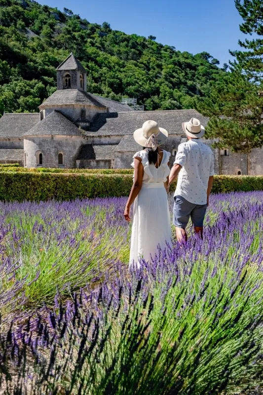senanque abbey gordes provence lavender fields notre-dame de senanque, blooming purple-blue lavender fields luberon france europe, couple visiting the provence france, men , woman mid age on vacation