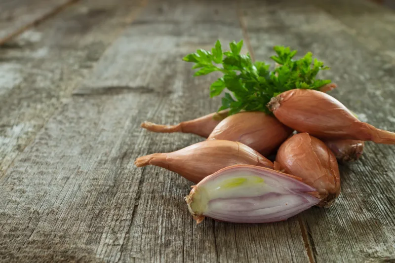 whole and sliced u200bu200bonion shallot with green parsley closeup on a blurred wooden background shallow depth of field