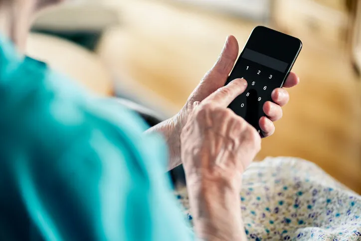 old senior woman and phone password number code against online scam cyber security elder mature person protect bank data with pin lock fraud and hoax safety privacy from hacker and scammer online