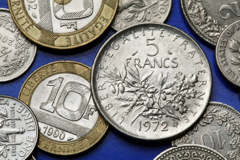 coins of france olive and oak branches depicted in the old five french franc coin