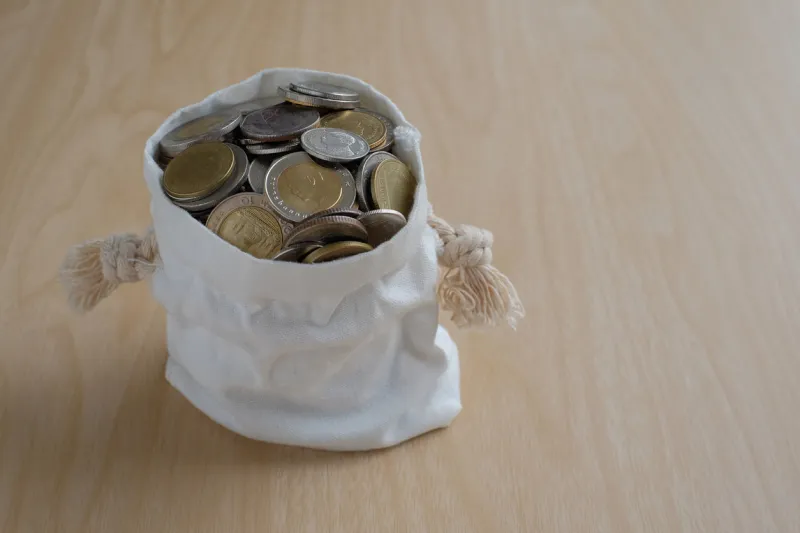 coins in fabric bag wooden background