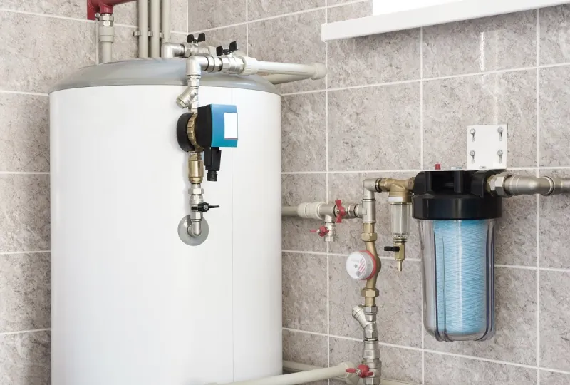 house water heating boiler with pump, ball valves and filters
