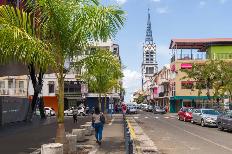 fort-de-france, fr  21 july 2018  victor schoelcher street and cathedrale saint louis in fort-de-france, martinique, west indies