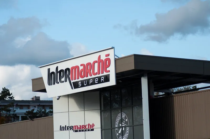 lutterbach - france - 9 november 2019 - front view of intermarche supermarket, the famous chain of food store