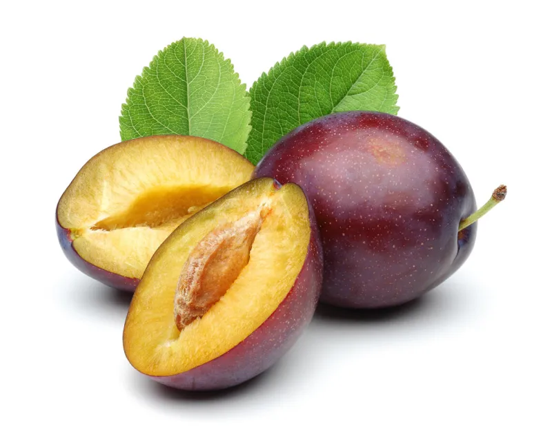 damson plums with leaf isolated on white background