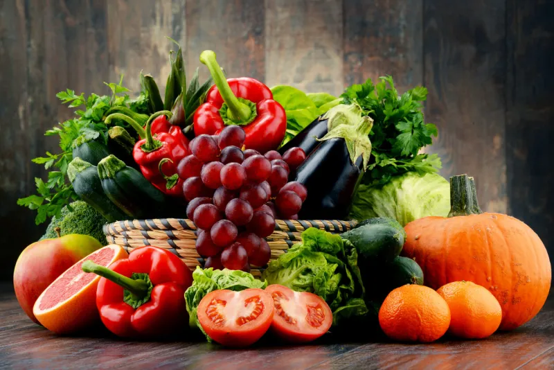 composition with variety of fresh vegetables and fruits detox diet