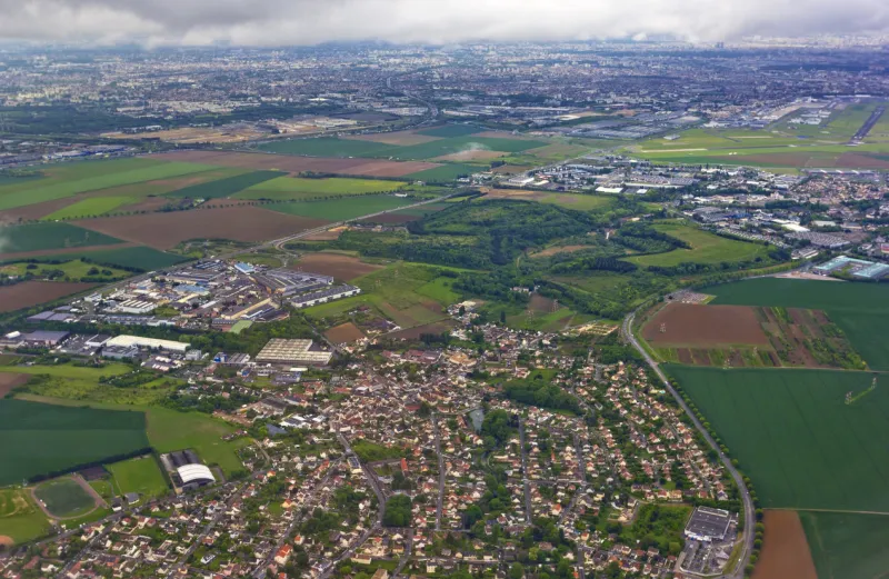 aerial view of paris outskirts taken from airplane, france