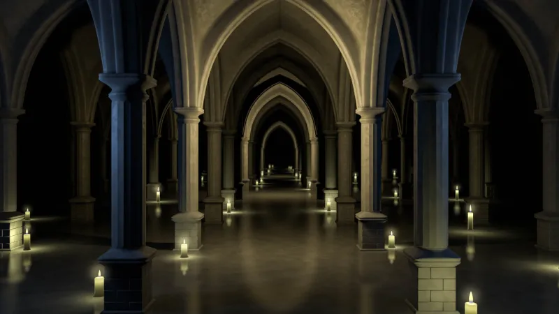 medieval church at night endless corridor with candles 3d rendering