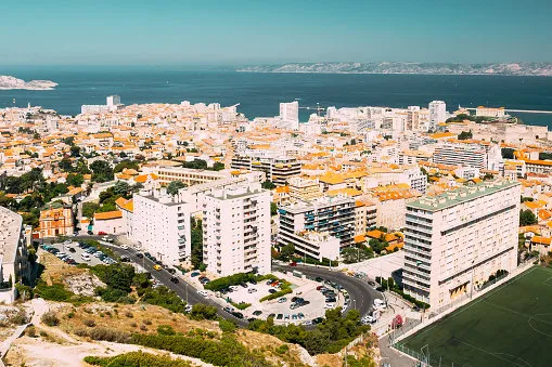 marseille, france elevated view of cityscape residential districts and streets under sunny summer sky
