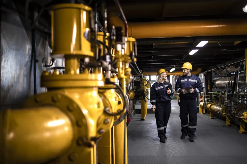 oil and gas refinery production factory workers in safety equipment walking by gas pipes and checking distribution and consumption