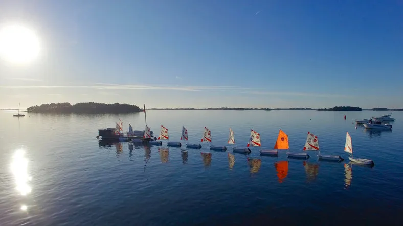 aerial image of optimist's sailboats in the little port of arradon, located in the gulf of morbihan, brittany, france, one of the world's most beautiful bays