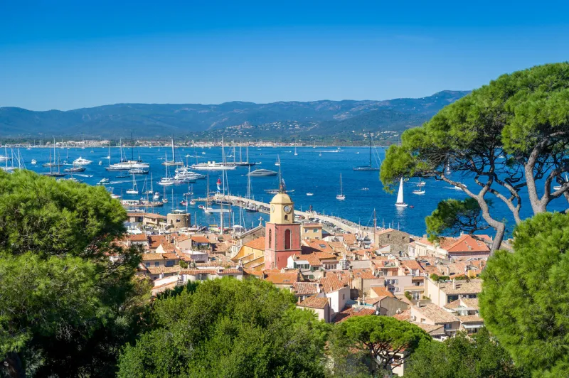 saint-tropez old town and yacht marina view from fortress on the hill provence cote d'azur, france