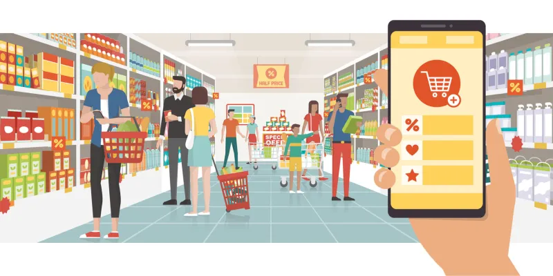 grocery shopping app on a smartphone and people buying products at the supermarket, technology and commerce concept