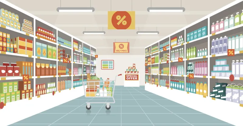 supermarket aisle with shelves, grocery items and full shopping cart, retail and consumerism concept