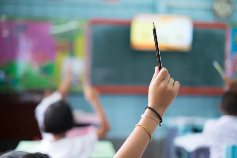student hands up asking a question in class at the elementary school education concept