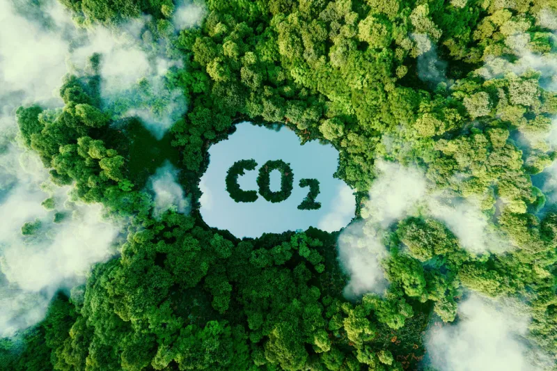 concept depicting the issue of carbon dioxide emissions and its impact on nature in the form of a pond in the shape of a co2 symbol located in a lush forest 3d rendering