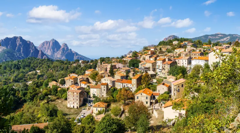 landscape with evisa, mountain village in the corse-du-sud department of corsica island, france