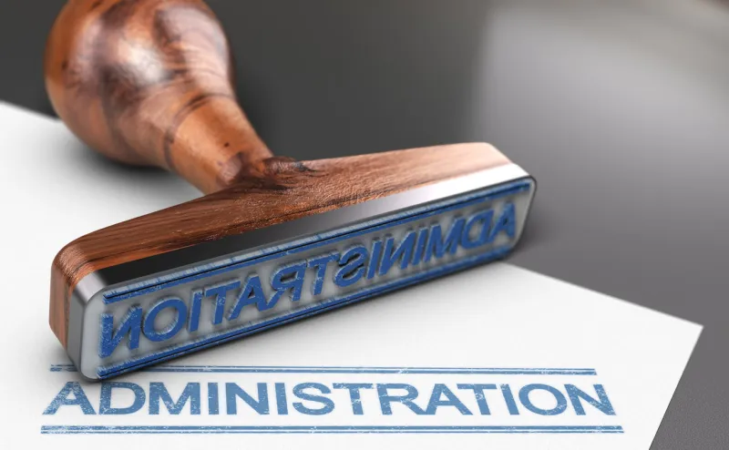 3d illustration of a rubber stamp with the word administration printed in blue color on a sheet of paper