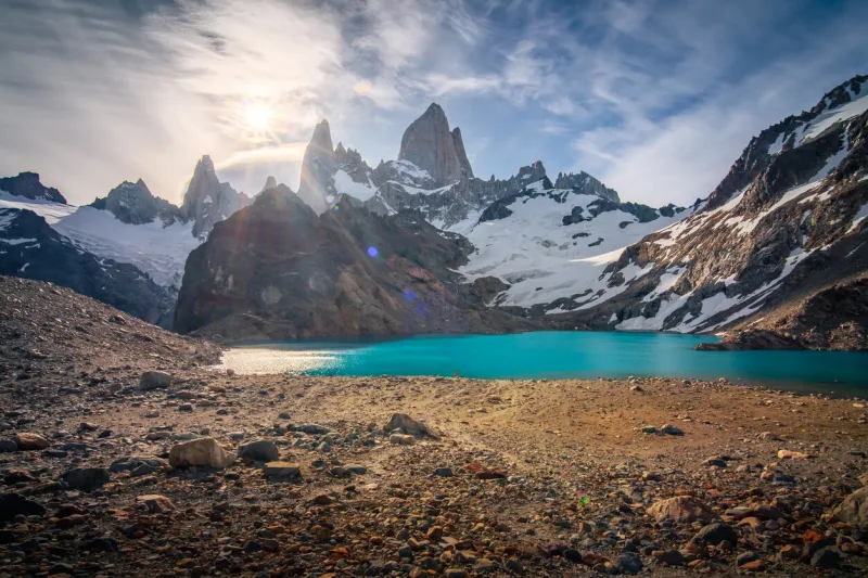 sunset at laguna de los tres view point with fantastic sky, lake and beautiful mtfitzroy (patagonia, el chalten, argentina)