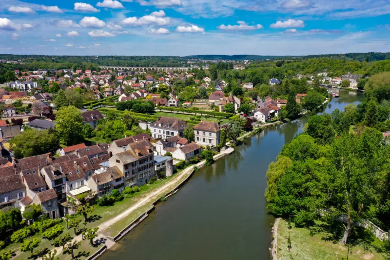 aerial view during the spring on the town of moret sur loing