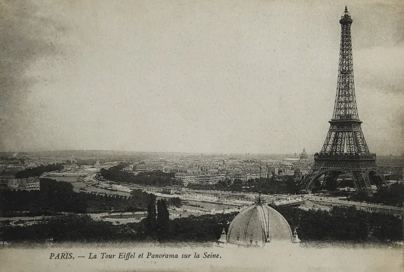 rare vintage postcard with view on eiffel tower in paris, france, circa