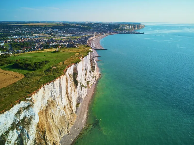 picturesque panoramic landscape of white chalk cliffs near mers-les-bains, somme, hauts-de-france department of normandy in france