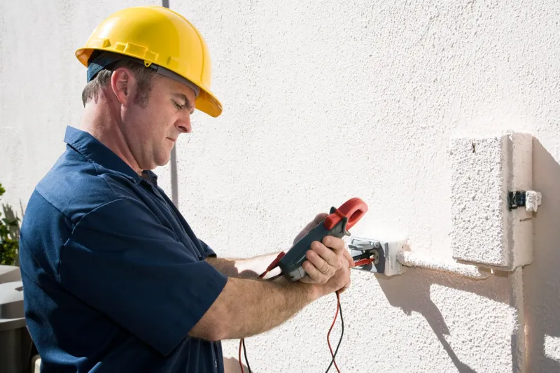 electrician using a meter to check the voltage on an outdoor receptacle