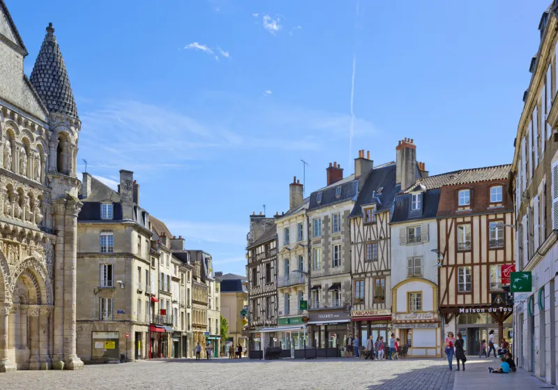 poitiers, france - may 14, 2017  place charles de gaulle with historical buildings with people around