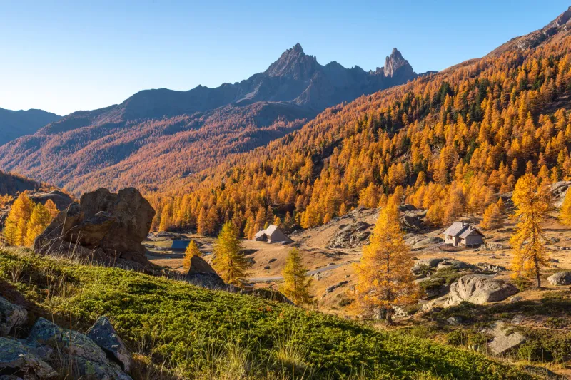 autumn morning in claree valley with view of cerces massif mountain peaks laval, hautes-alpes, alps, france