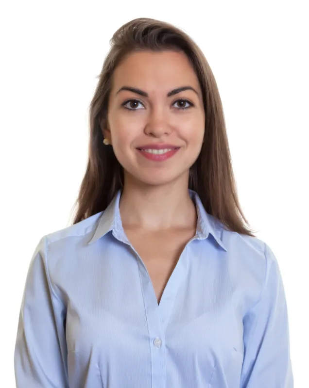 portrait of a laughing businesswoman with long dark hair on an isolated white background for cut out