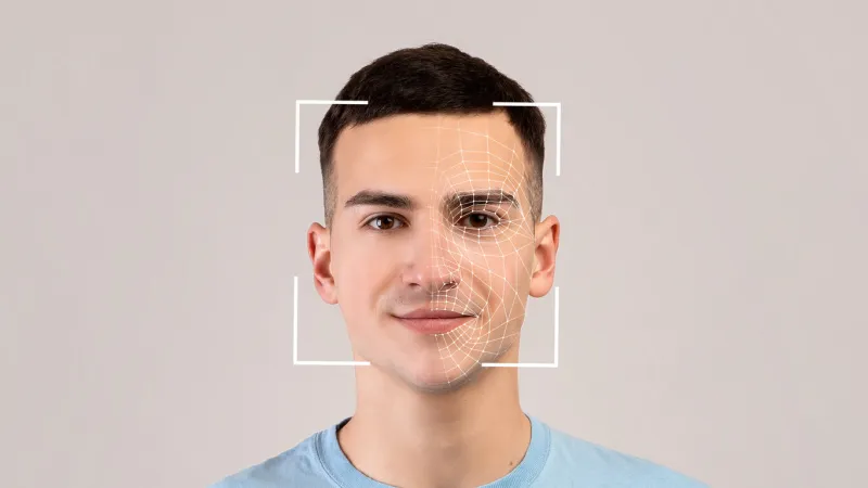 smiling young caucasian male, double exposure with id scan, isolated on light background futuristic and technological face scanning for face recognition and person personal safety, future, security
