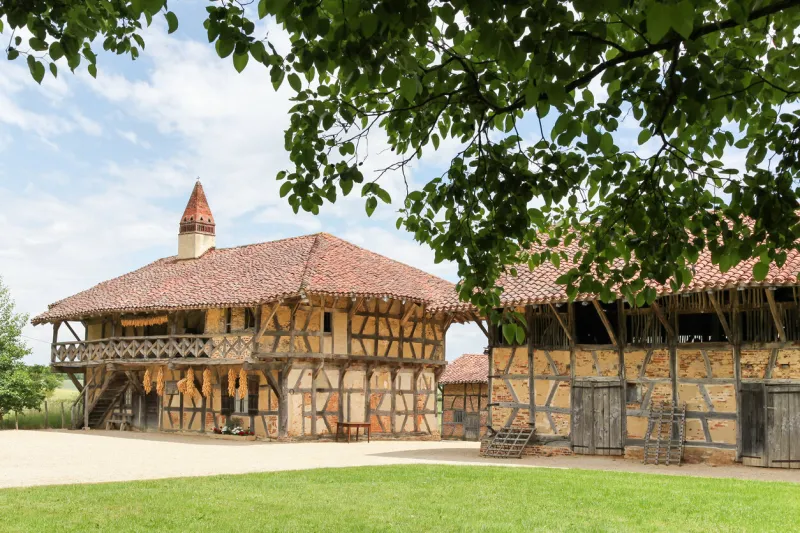 courtes, france - june 1, 2015  typical bresse farm house with sarrasine chimey in courtes, france