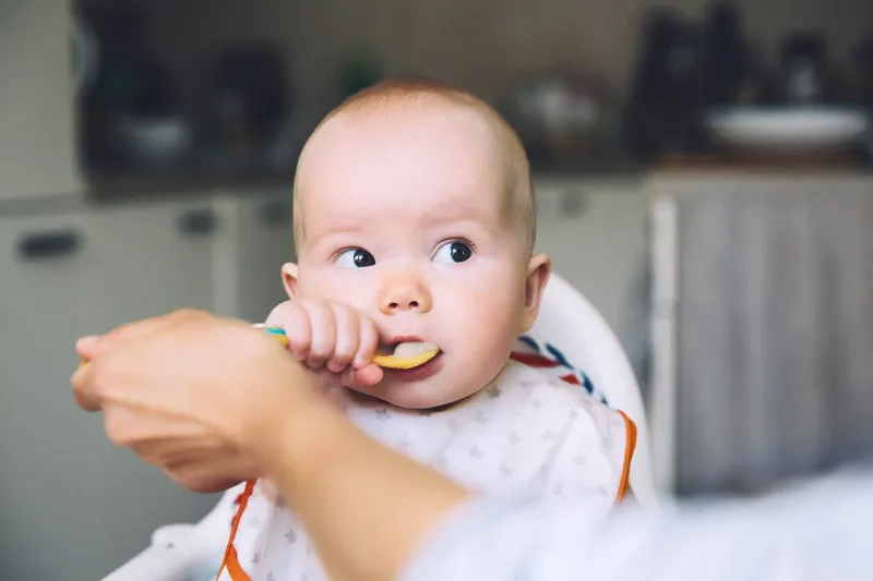 feeding messy smiling baby eating with a spoon in high chair baby's first solid food mother feeding little child with spoon of puree daily routine finger food healthy child nutrition