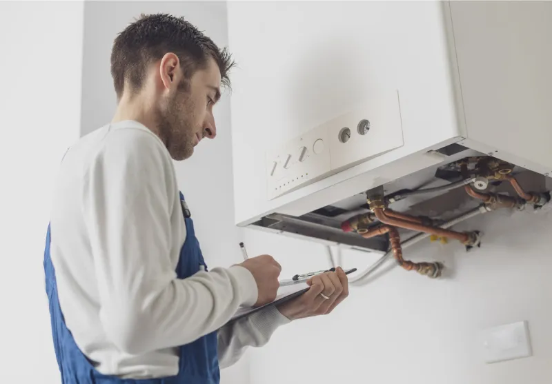professional plumber servicing a boiler and writing on a clipboard