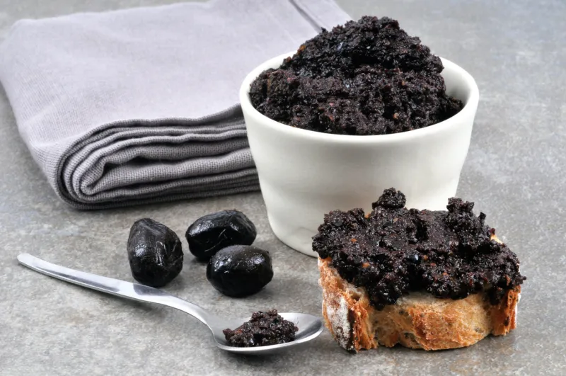 black olive tapenade and bread toast
