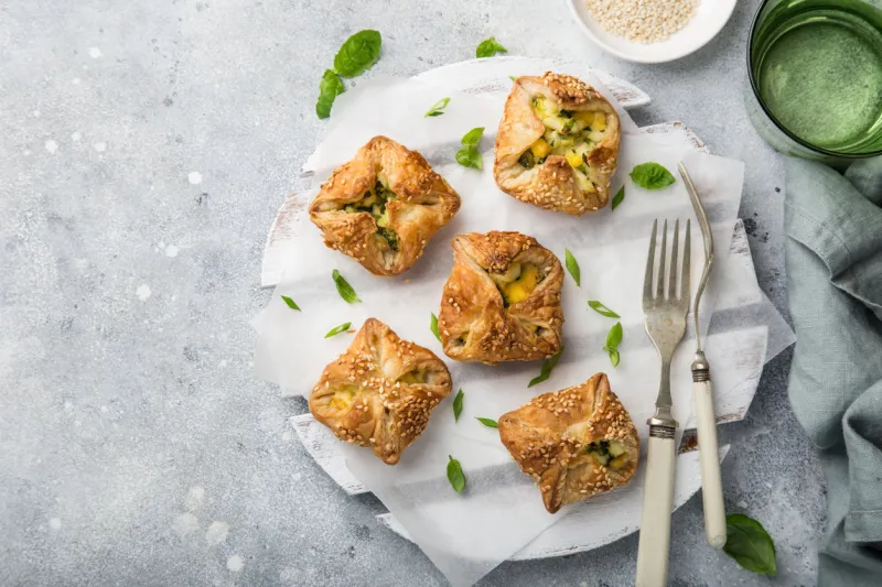 puff pastry stuffed with eggs and spinach, top view