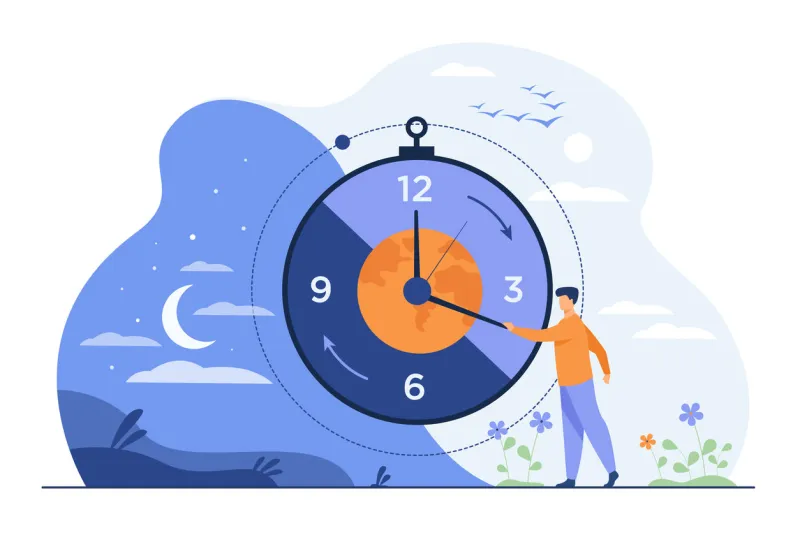 man moving clock arrows and managing time planet, night and day in background vector illustration for circadian rhythms, daily routine, morning and evening change, planet movement concept