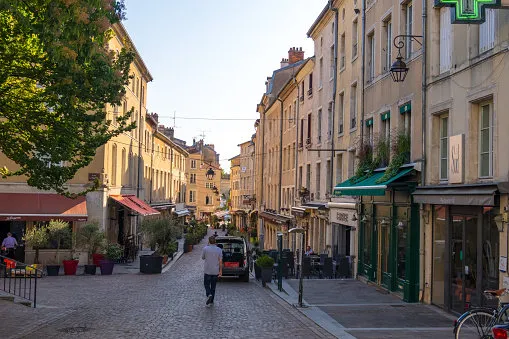 nancy, france - august 31, 2019  street view with stores, cafes and restaurants in the old town of nancy, lorraine, france