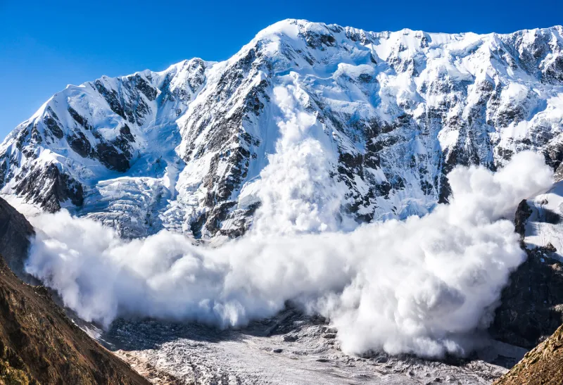 power of nature real huge avalanche comes from a big mountain (shkhara, 5,193 m), caucasus, kabardino-balkaria, bezengi region, russia