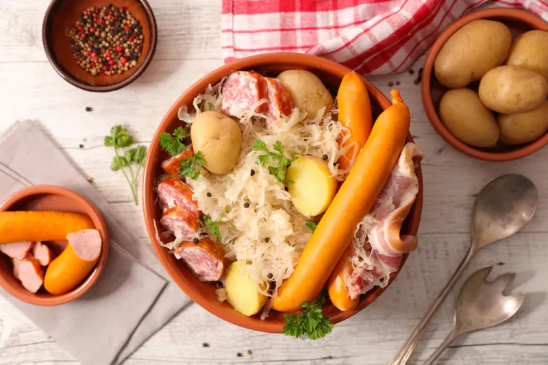 alsace traditional meal, sauerkraut with potato and meat