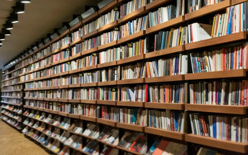 bookshelf background in interior, close up