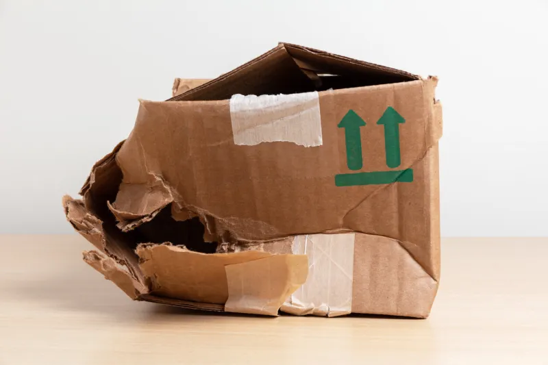 empty torn and wrinkled cardboard box concept of shopping, delivery and cargo insurance
