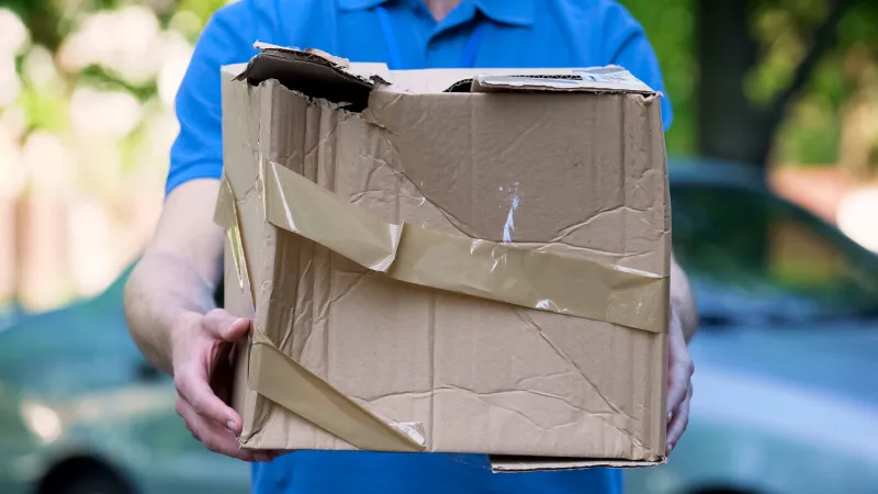 male courier showing damaged box, cheap parcel delivery, poor shipment quality