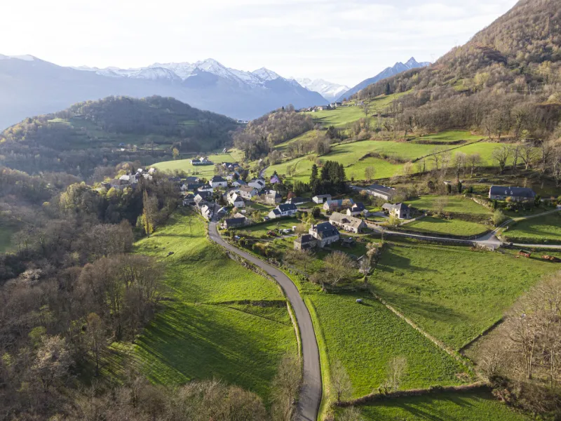 aerial view of small village sére-en-lavedan in the pyrenees mountains, hautes-pyrenees, occitanie
