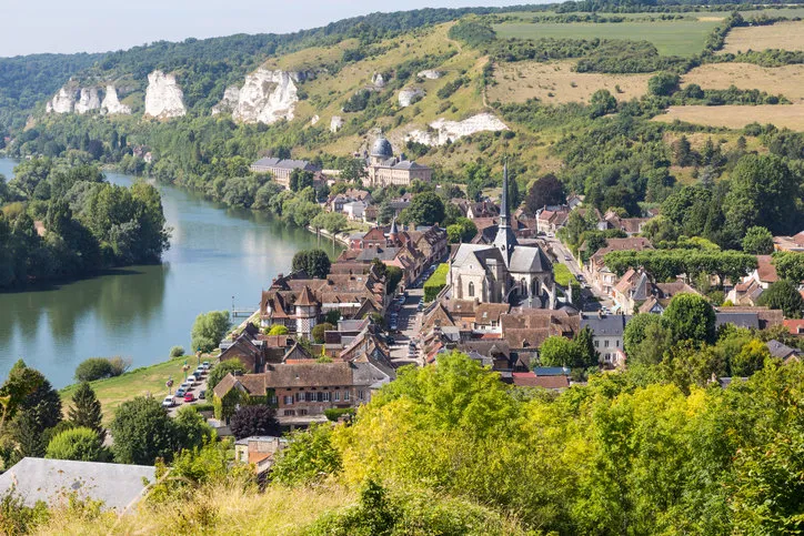 view on les andelys next to the river seine seen from castle gaillard in the region normandie, france