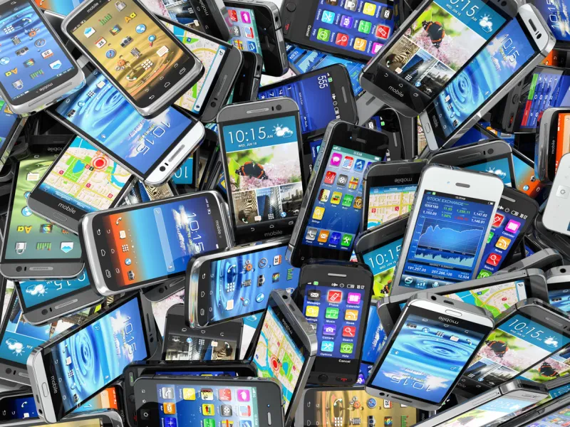 mobile phones background pile of different modern smartphones 3d