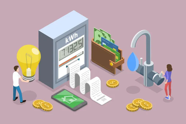 3d isometric flat vector conceptual illustration of water and electricity consumption expenses, household utilities